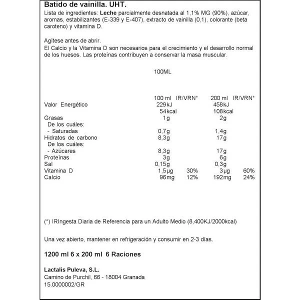 Batido Sabor Vainilla PULEVA 6x200ml. - Imagen 2
