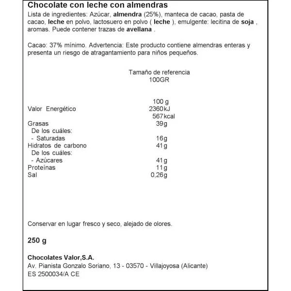 Chocolate Con Leche Y Almendras VALOR 250g. - Imagen 2
