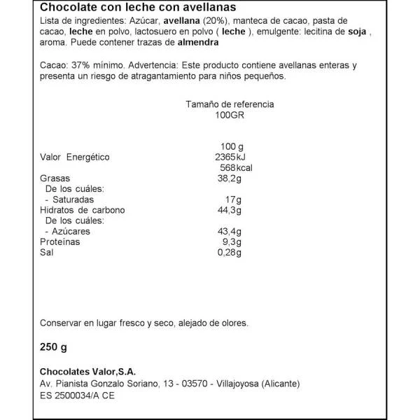 Chocolate Con Leche Y Avellanas VALOR 250g. - Imagen 2