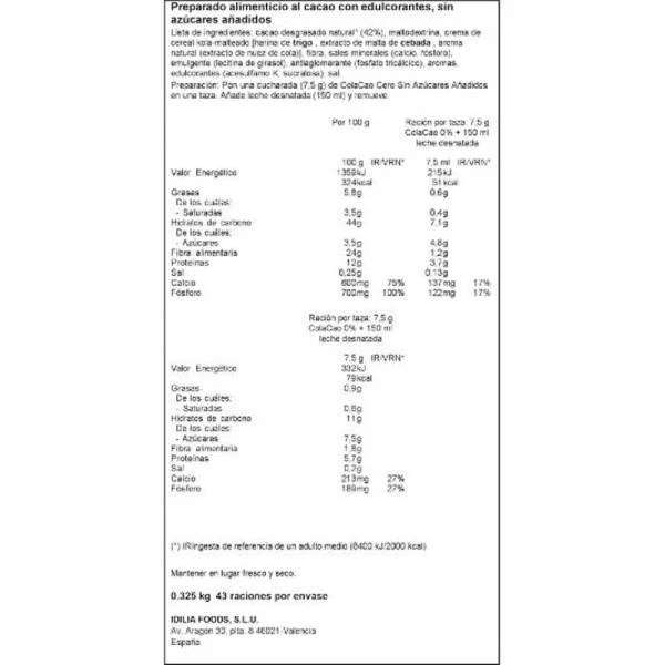 COLACAO Cero Sin Azúcares Añadidos 325g. - Imagen 2