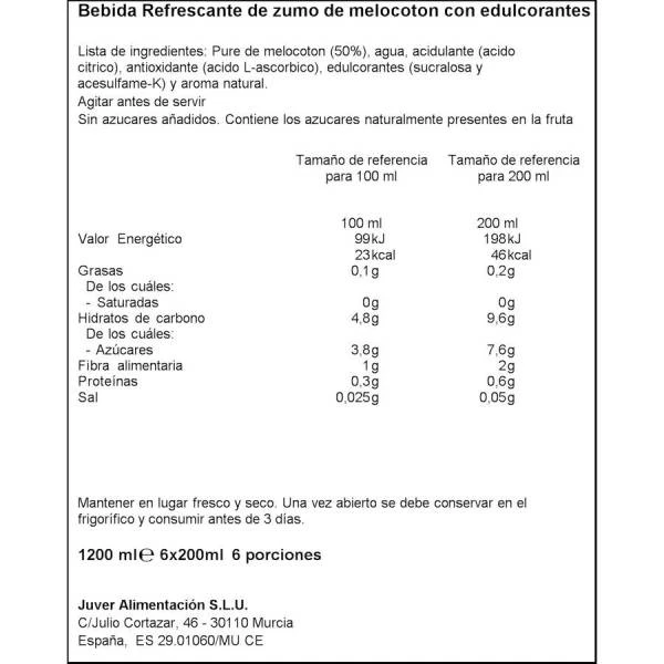 DISFRUTA Néctar De Melocotón Sin Azúcar Añadido JUVER 6x200ml. - Imagen 2