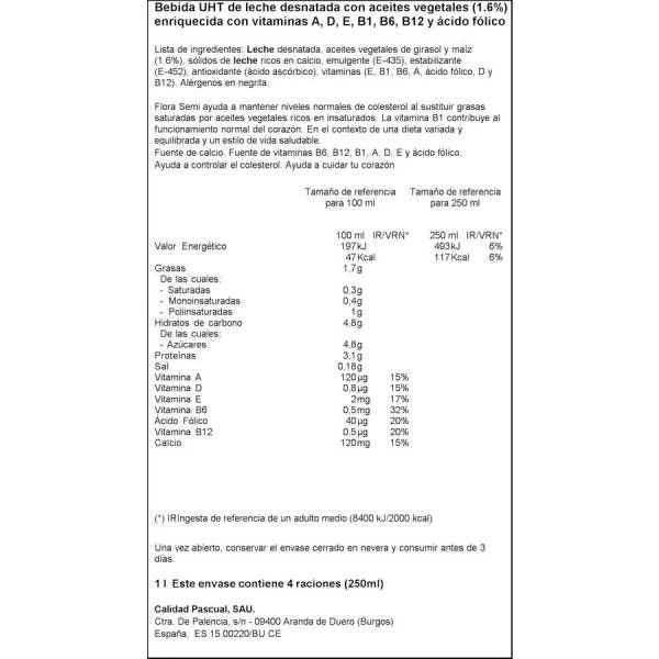 Leche Semidesnatada Folic B FLORA 1l. - Imagen 2