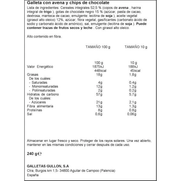 GALLETAS DE AVENA Y CHIPS DE CHOCOLATE VITALDAY "GULLÓN" (240 G) - Imagen 2