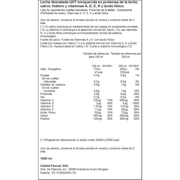 Leche Desnatada Con Calcio Y Vitamina D PASCUAL 1l. - Imagen 2