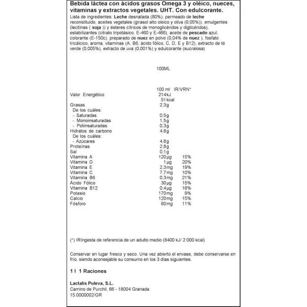 Leche Desnatada Omega 3 Con Nueces PULEVA 1l. - Imagen 2