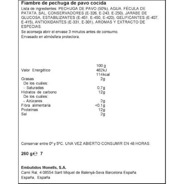 Pechuga De Pavo Lonchas Finas Spar 260g. - Imagen 2