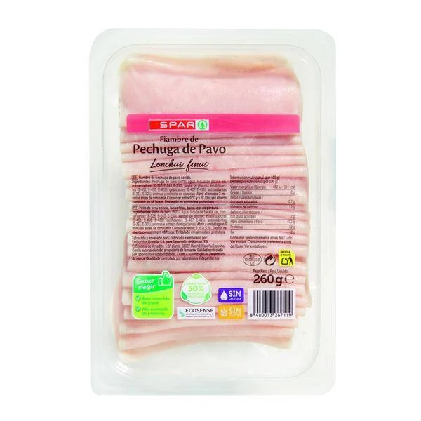 Pechuga De Pavo Lonchas Finas Spar 260g.