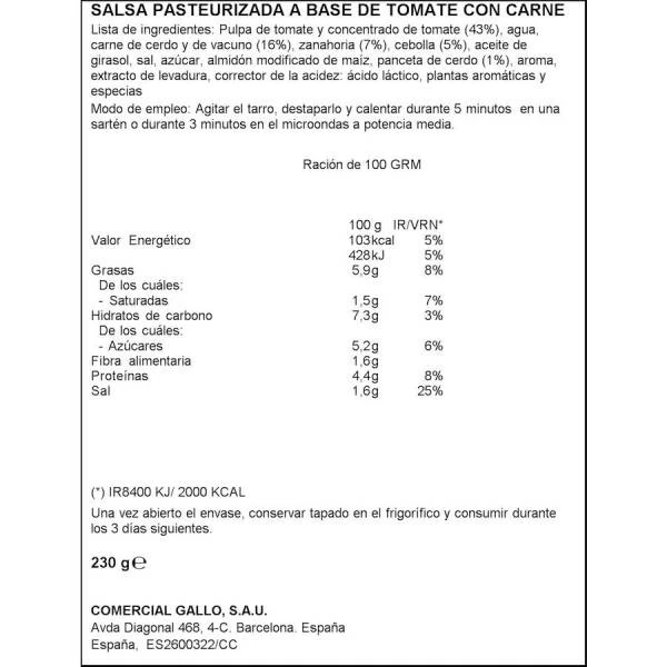 Salsa Boloñesa GALLO 230g. - Imagen 2