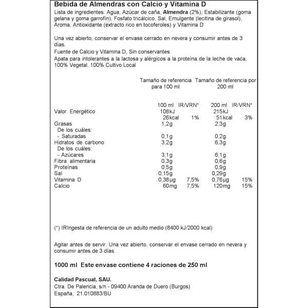 Bebida De Almendras VIVESOY PASCUAL 1l. - Imagen 2